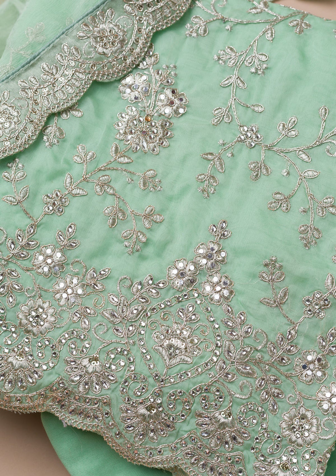 Sea Green Zariwork Crepe Unstitched Salwar Suit-Koskii