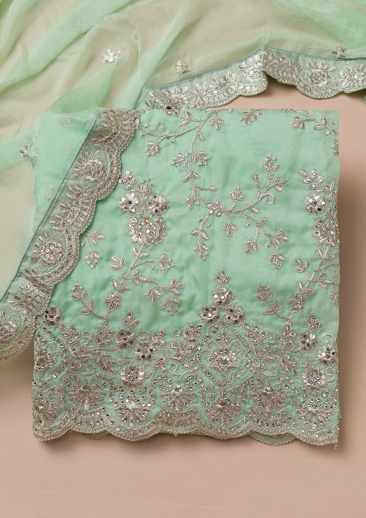 Sea Green Zariwork Crepe Unstitched Salwar Suit-Koskii