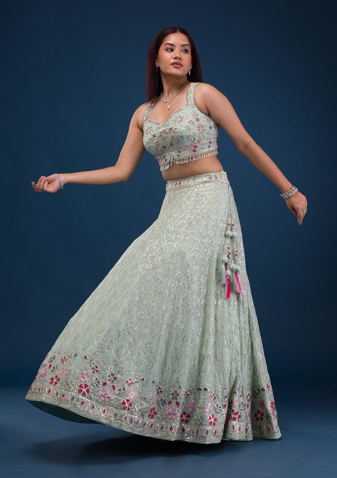 Sea Green Zariwork Georgette Readymade Lehenga-Koskii