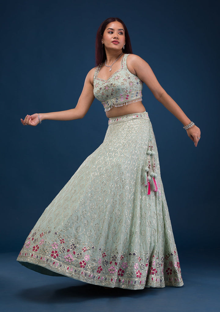 Sea Green Zariwork Georgette Readymade Lehenga-Koskii