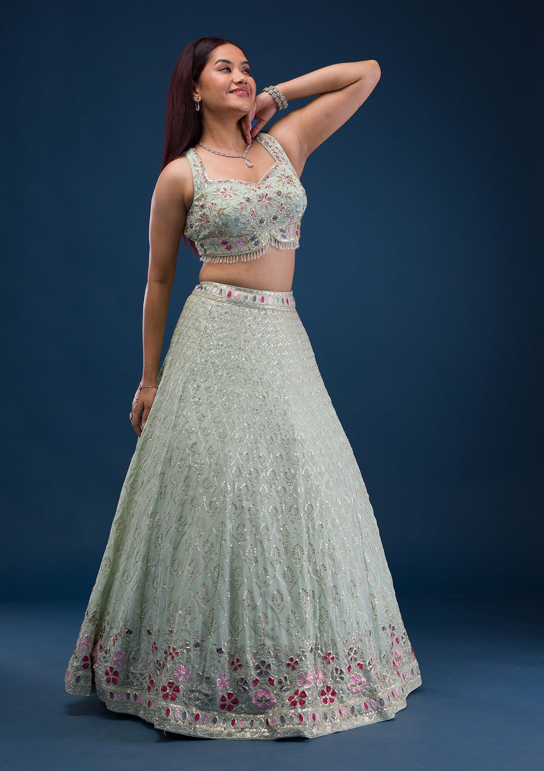 Sea Green Zariwork Georgette Readymade Lehenga-Koskii