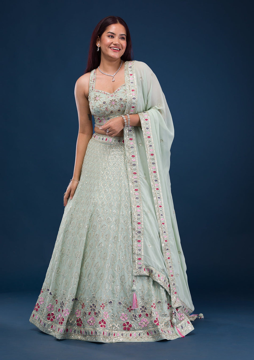 Sea Green Zariwork Georgette Readymade Lehenga-Koskii
