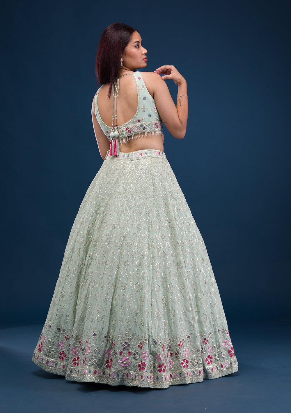 Sea Green Zariwork Georgette Readymade Lehenga-Koskii