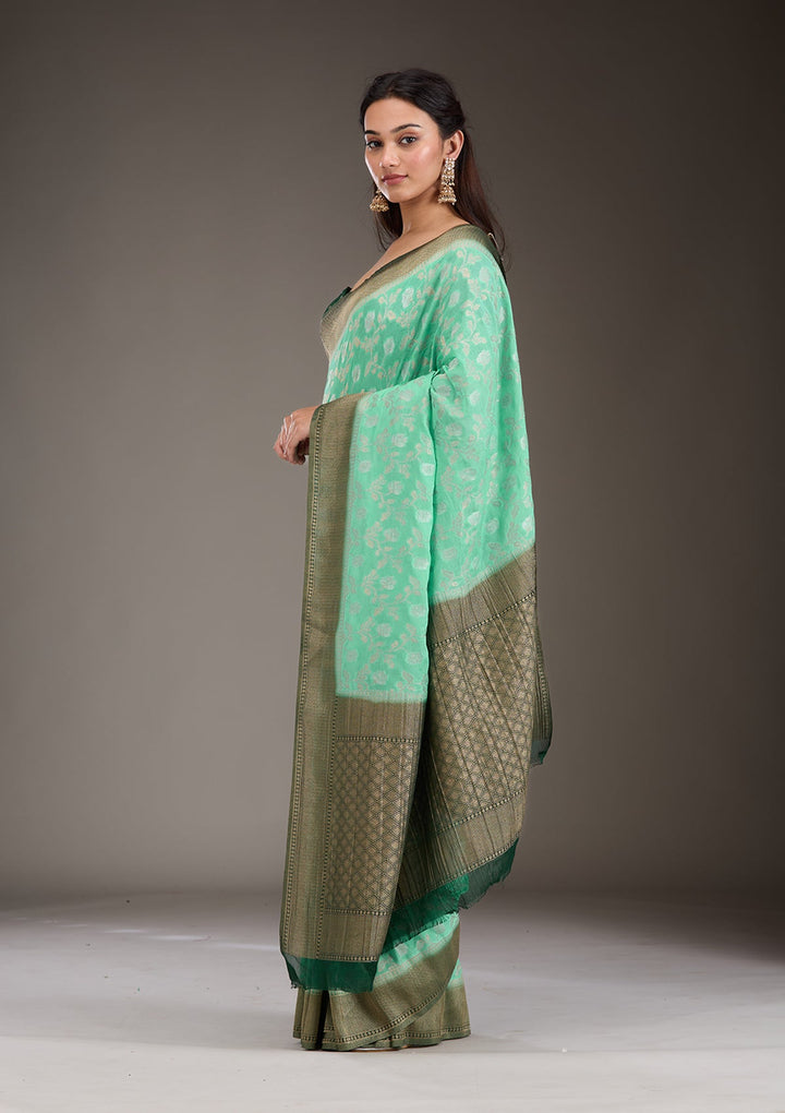 Sea Green Zariwork Georgette Saree-Koskii
