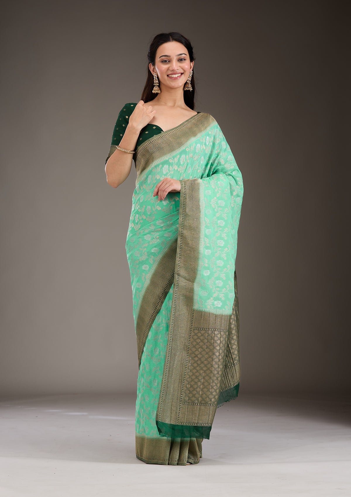 Sea Green Zariwork Georgette Saree-Koskii