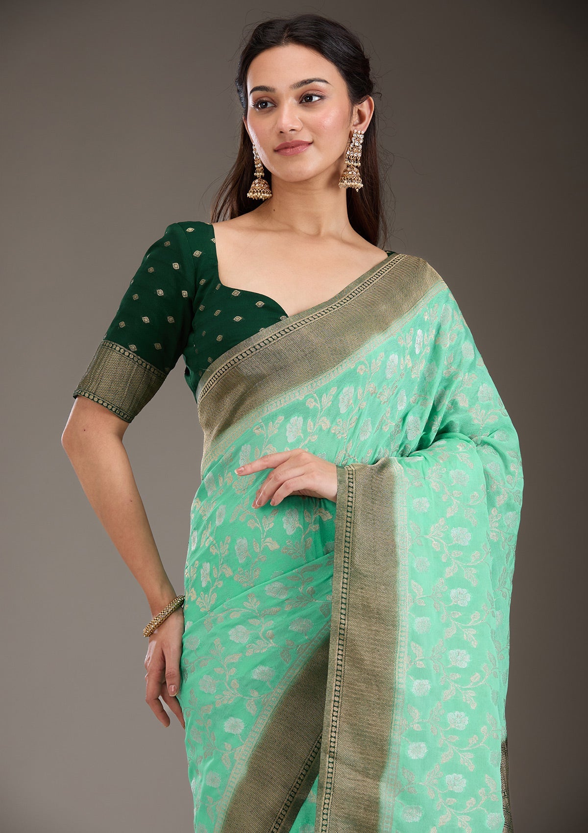 Sea Green Zariwork Georgette Saree-Koskii