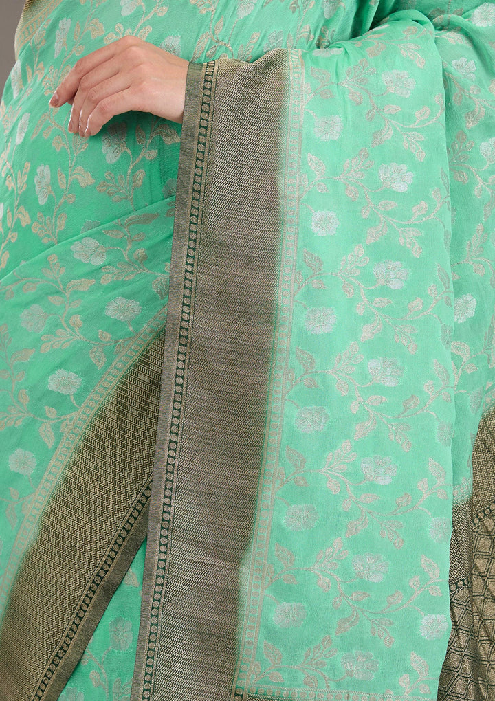 Sea Green Zariwork Georgette Saree-Koskii