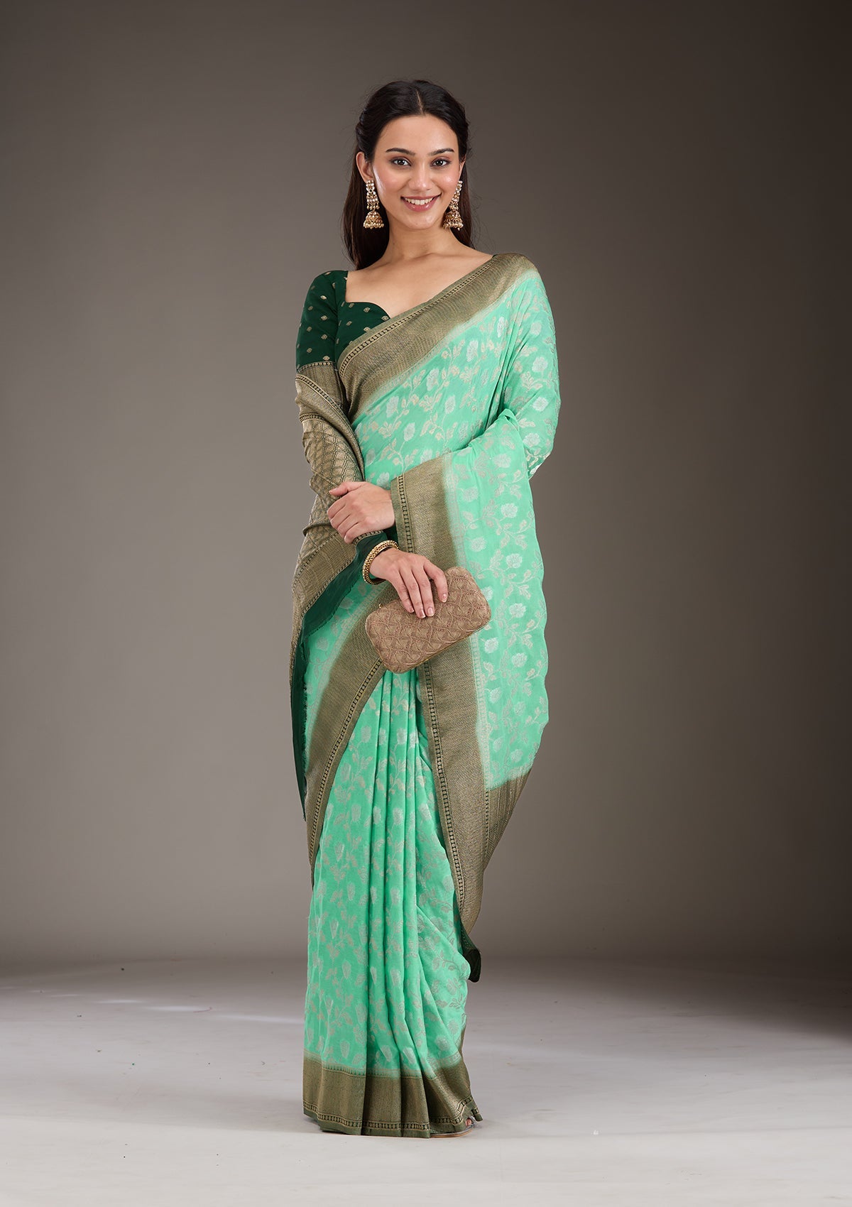 Sea Green Zariwork Georgette Saree-Koskii