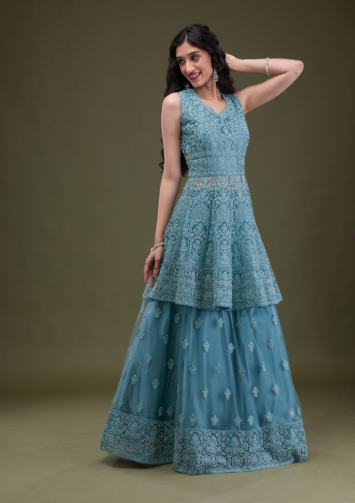 Sea Green Zariwork Net Readymade Salwar Suit-Koskii