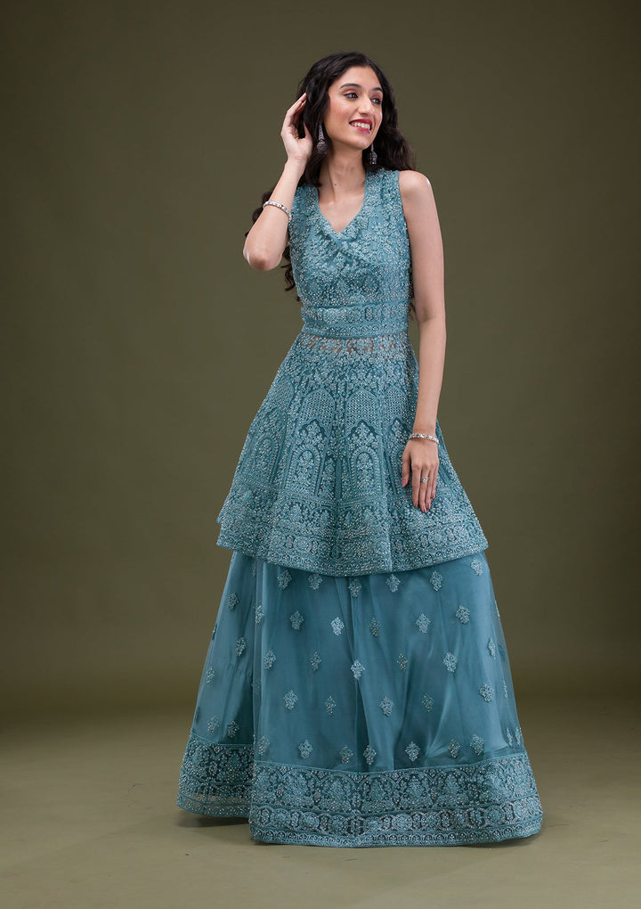 Sea Green Zariwork Net Readymade Salwar Suit-Koskii