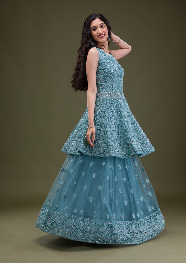 Sea Green Zariwork Net Readymade Salwar Suit-Koskii