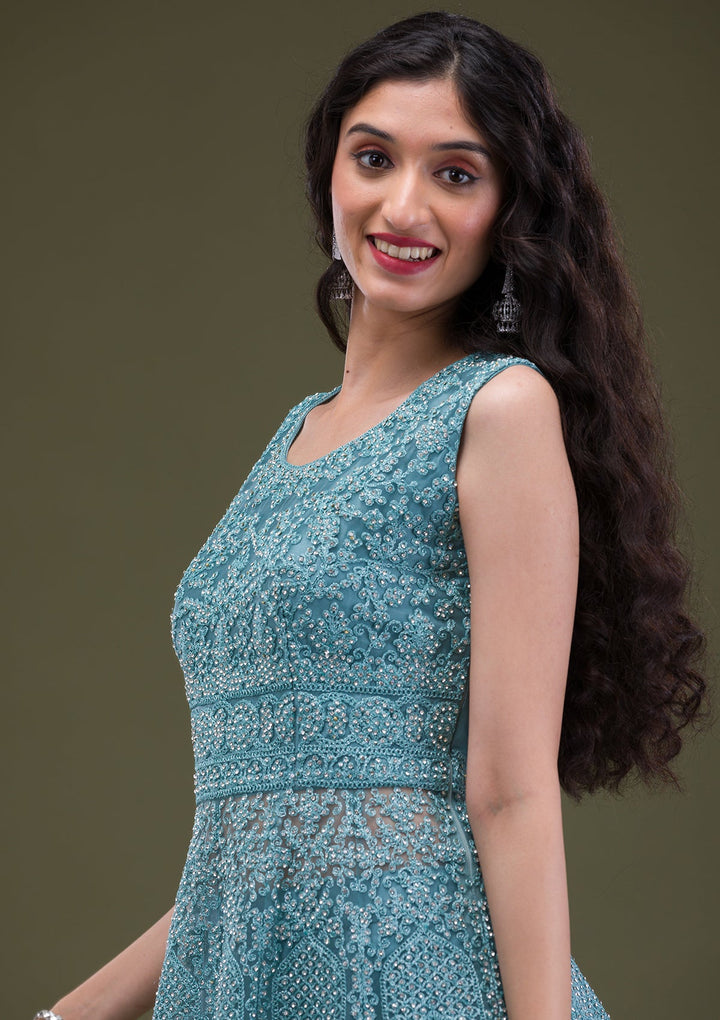 Sea Green Zariwork Net Readymade Salwar Suit-Koskii