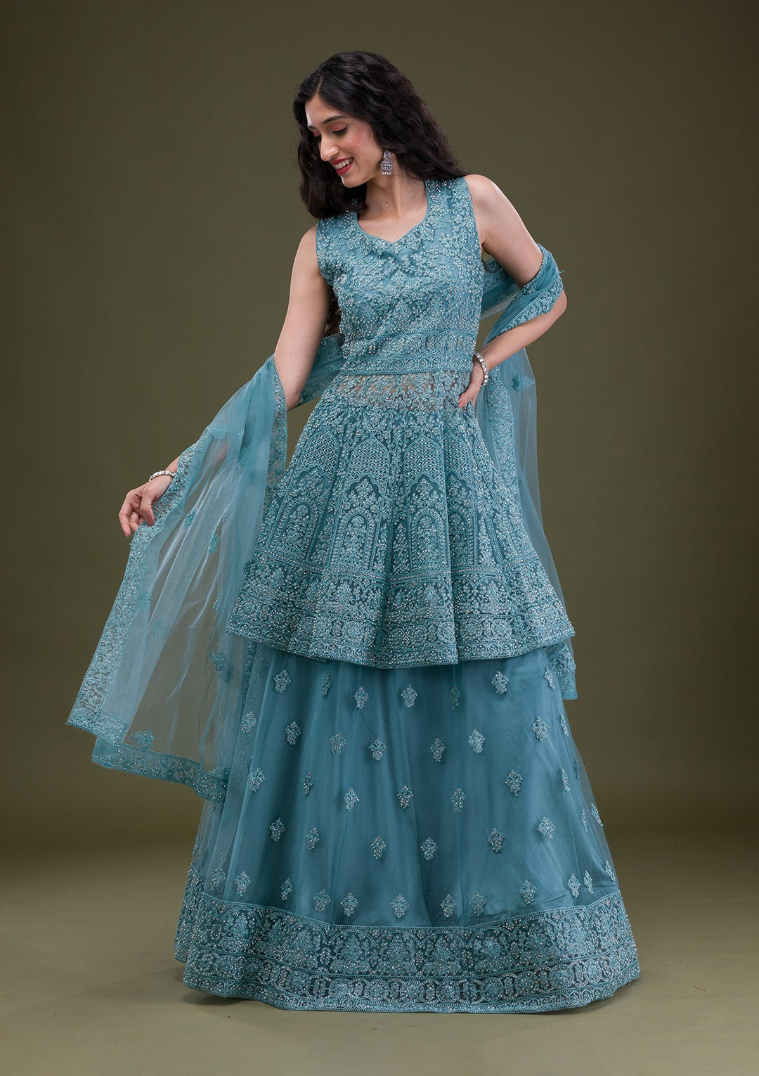 Sea Green Zariwork Net Readymade Salwar Suit-Koskii