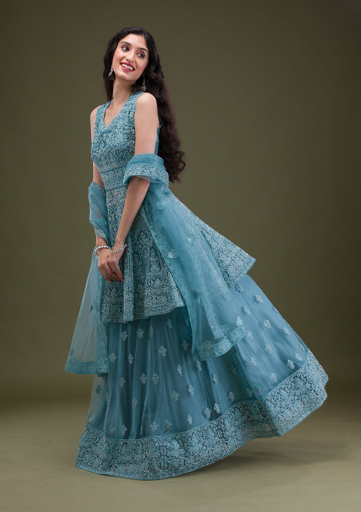 Sea Green Zariwork Net Readymade Salwar Suit-Koskii