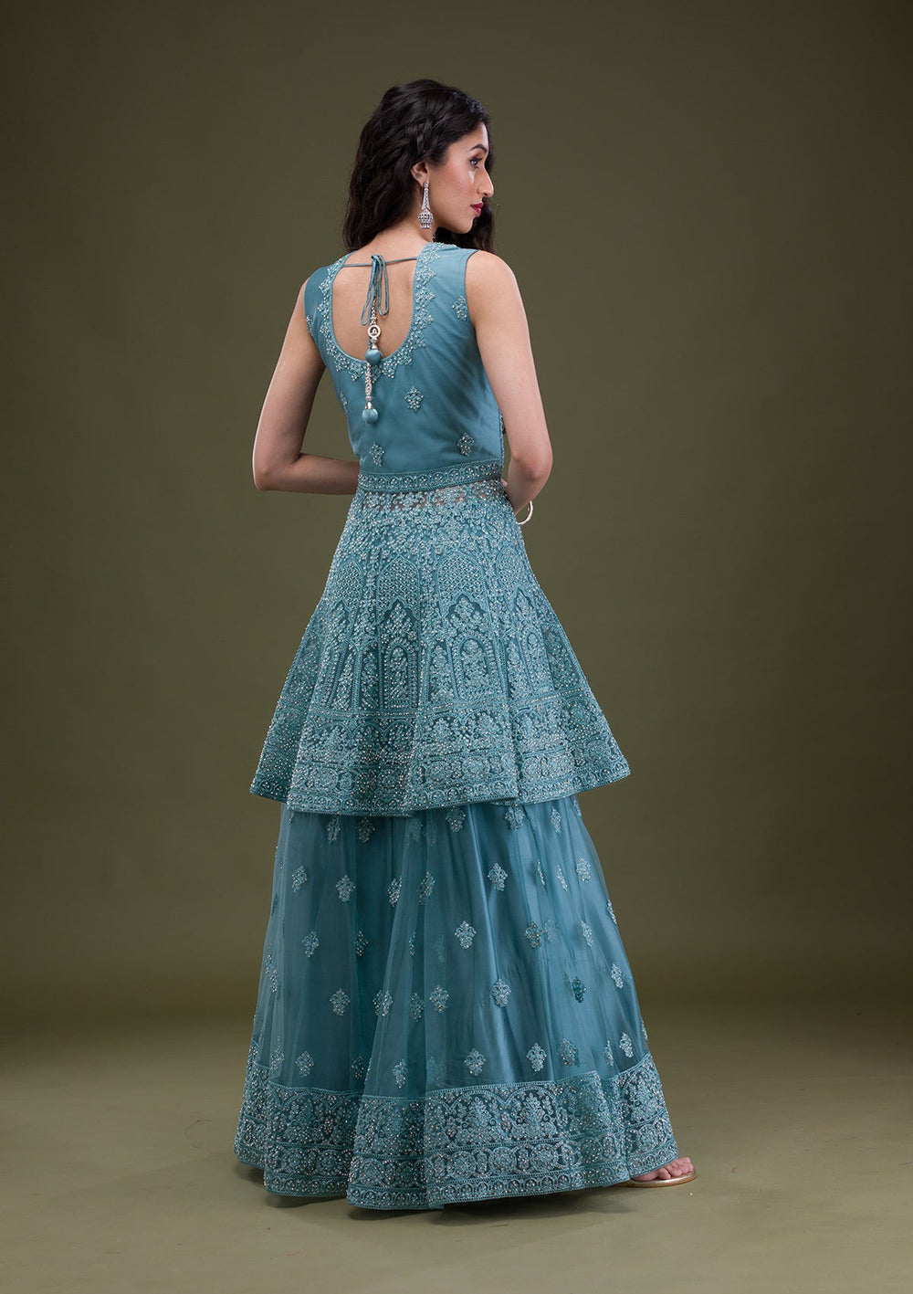 Sea Green Zariwork Net Readymade Salwar Suit-Koskii