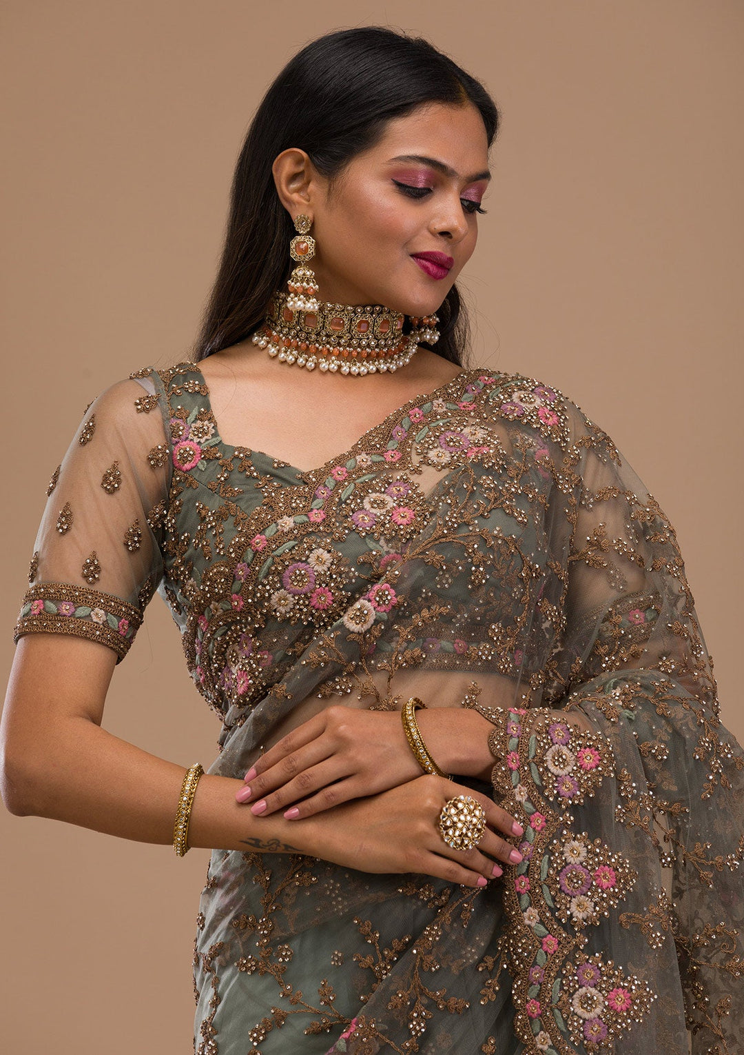 Sea Green Zariwork Net Saree-Koskii