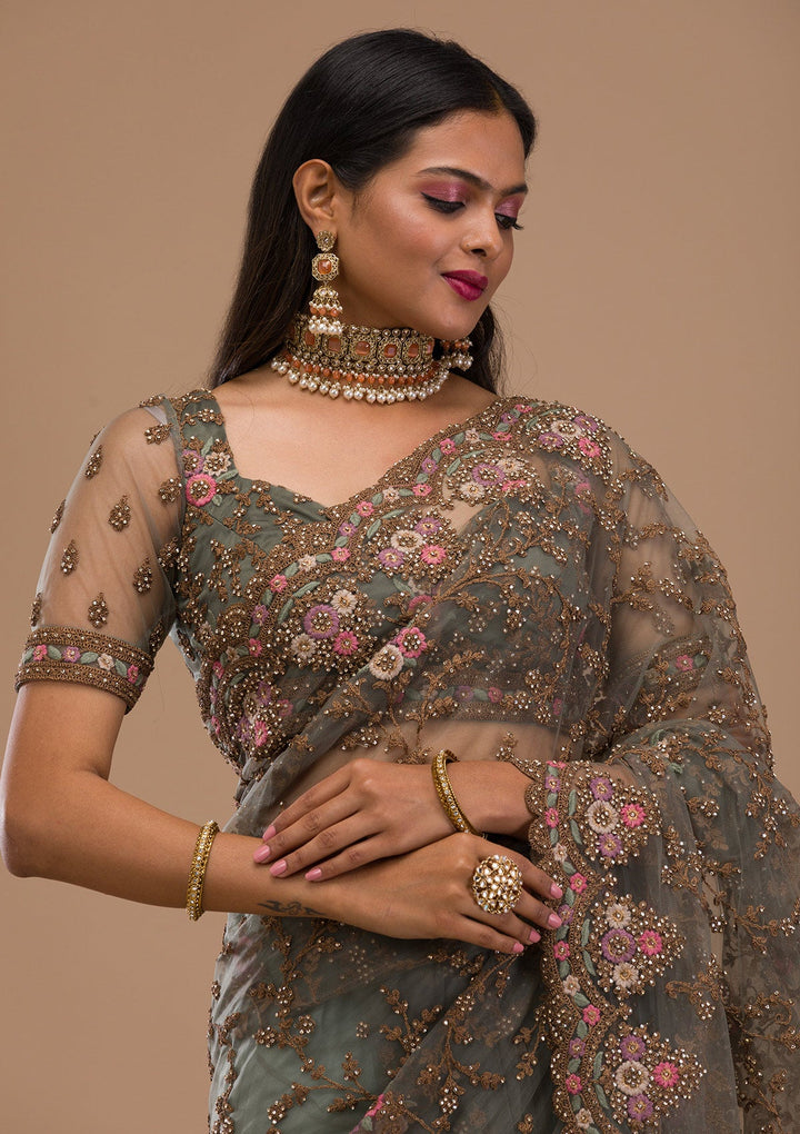 Sea Green Zariwork Net Saree-Koskii