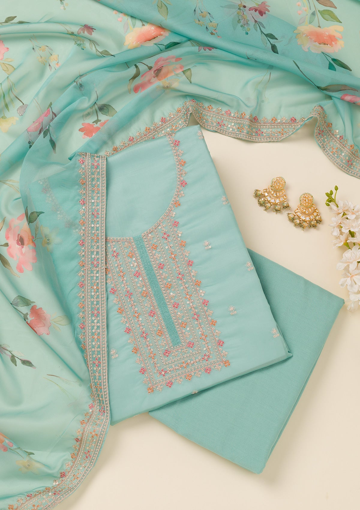 Sea Green Zariwork Organza Unstitched Salwar Suit-Koskii