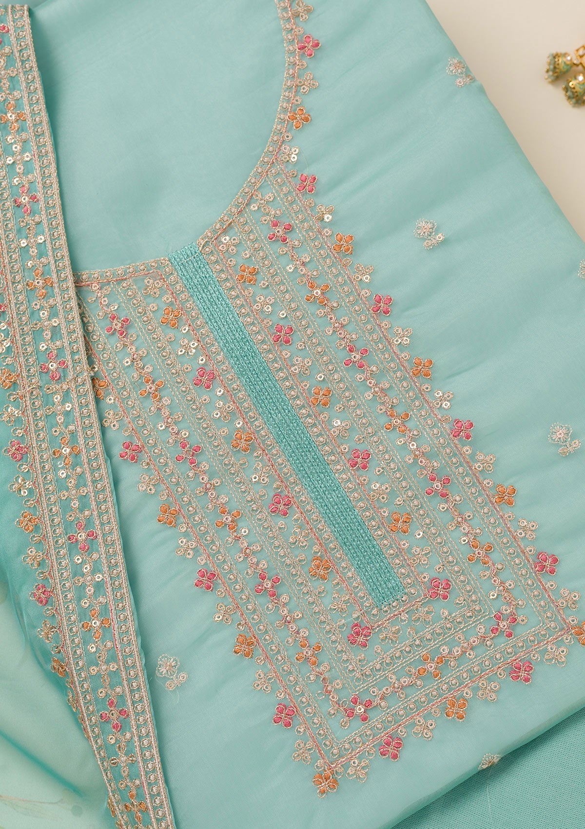 Sea Green Zariwork Organza Unstitched Salwar Suit-Koskii