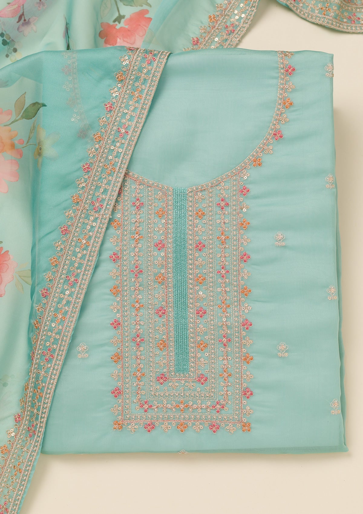 Sea Green Zariwork Organza Unstitched Salwar Suit-Koskii