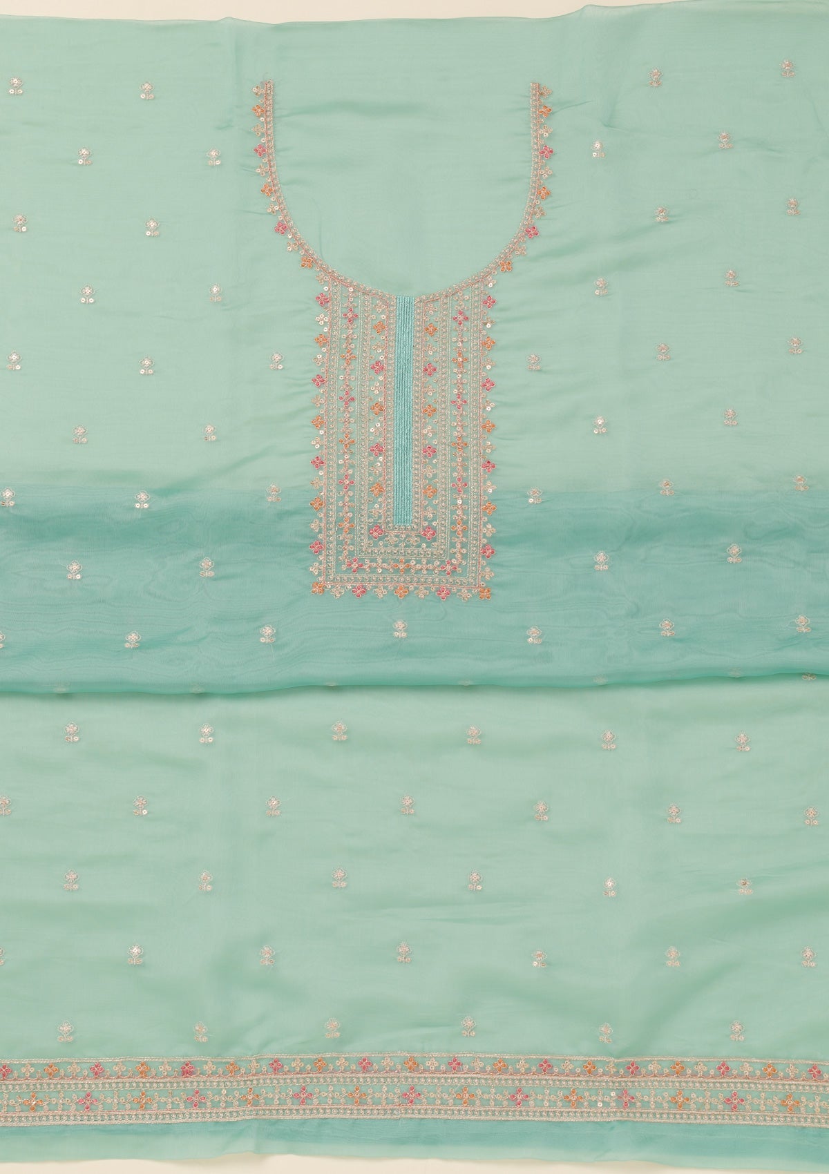 Sea Green Zariwork Organza Unstitched Salwar Suit-Koskii