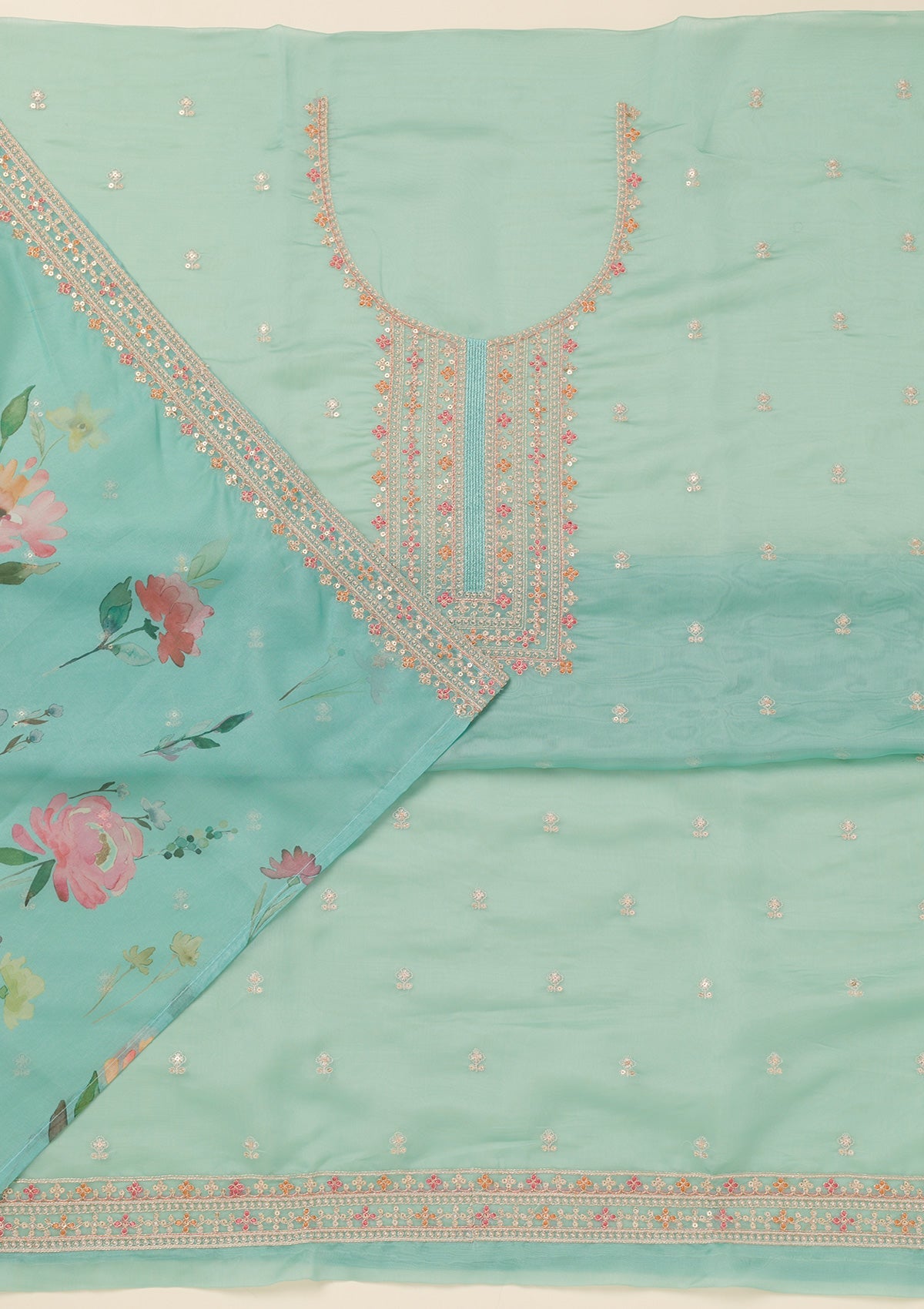 Sea Green Zariwork Organza Unstitched Salwar Suit-Koskii