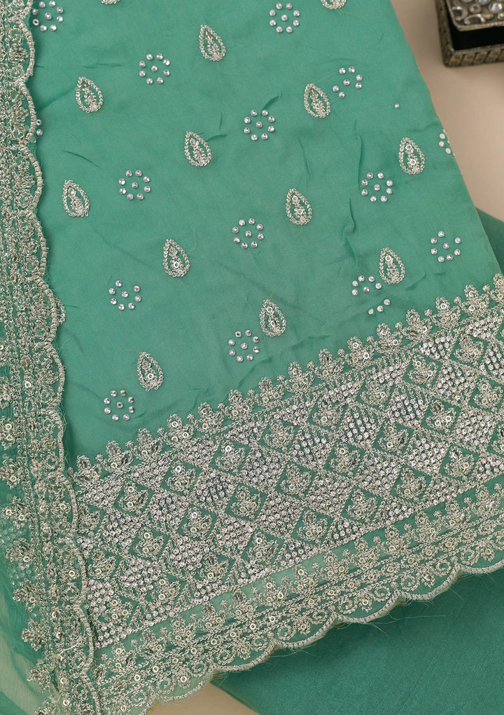 Sea Green Zariwork Organza Unstitched Salwar Suit-Koskii