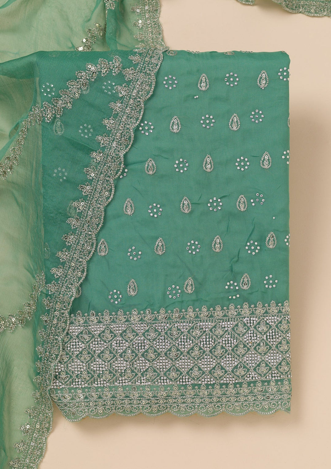 Sea Green Zariwork Organza Unstitched Salwar Suit-Koskii