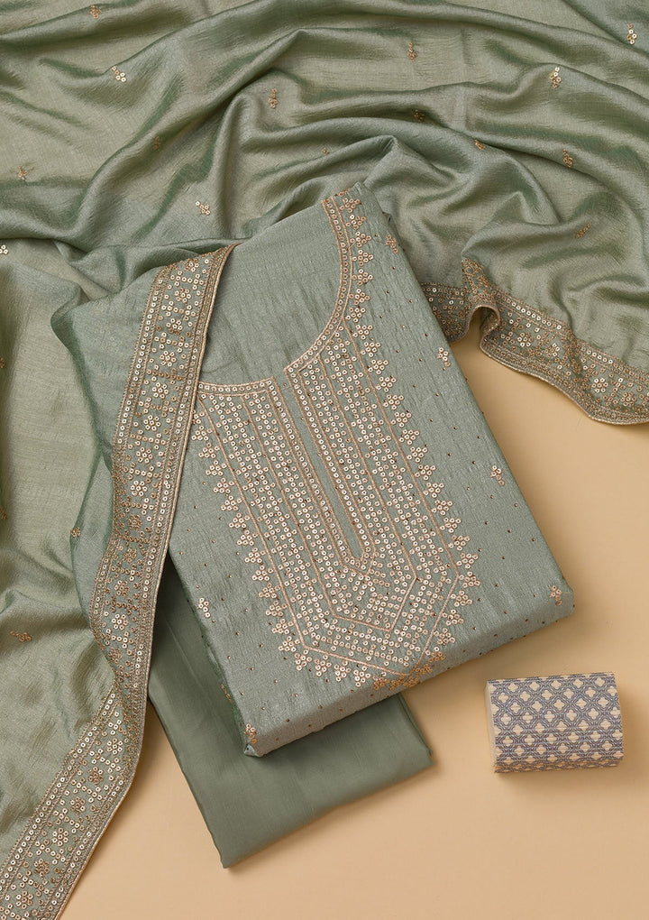 Sea Green Zariwork Raw Silk Unstitched Salwar Suit-Koskii