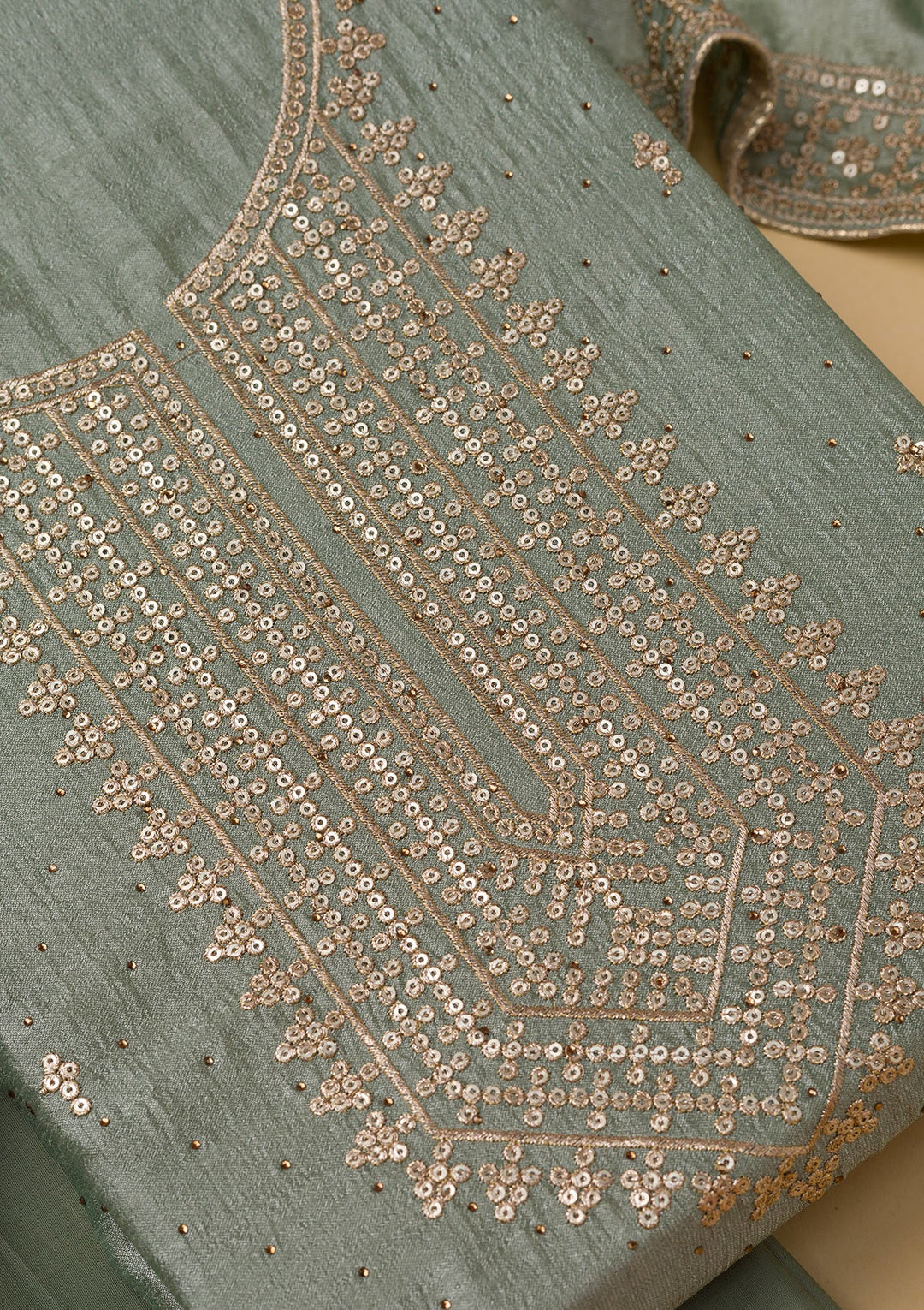 Sea Green Zariwork Raw Silk Unstitched Salwar Suit-Koskii