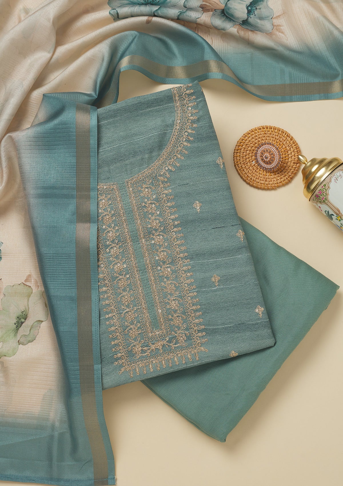 Sea Green Zariwork Raw Silk Unstitched Salwar Suit-Koskii