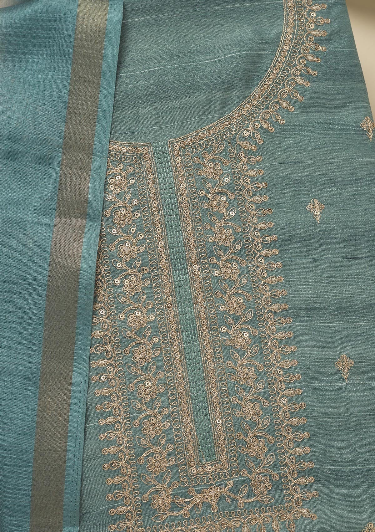 Sea Green Zariwork Raw Silk Unstitched Salwar Suit-Koskii