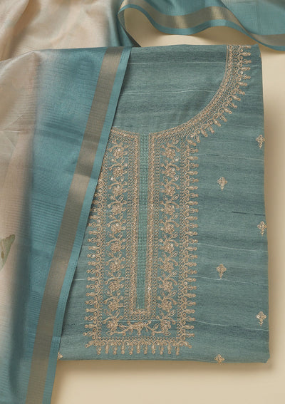 Sea Green Zariwork Raw Silk Unstitched Salwar Suit-Koskii