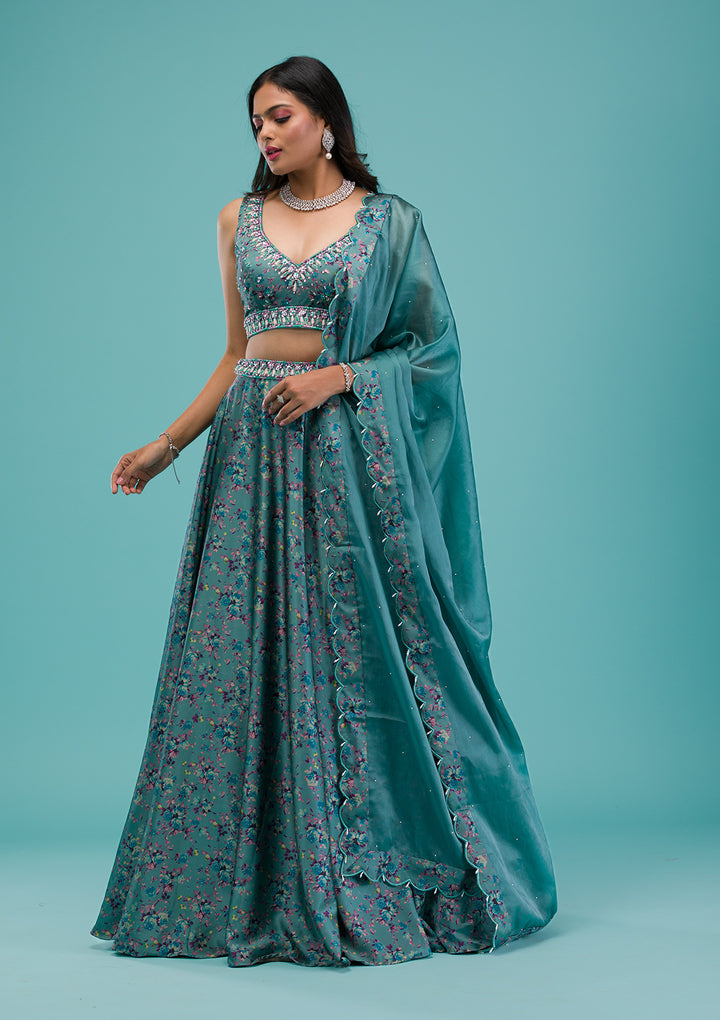 Sea Green Printed Georgette Readymade Lehenga