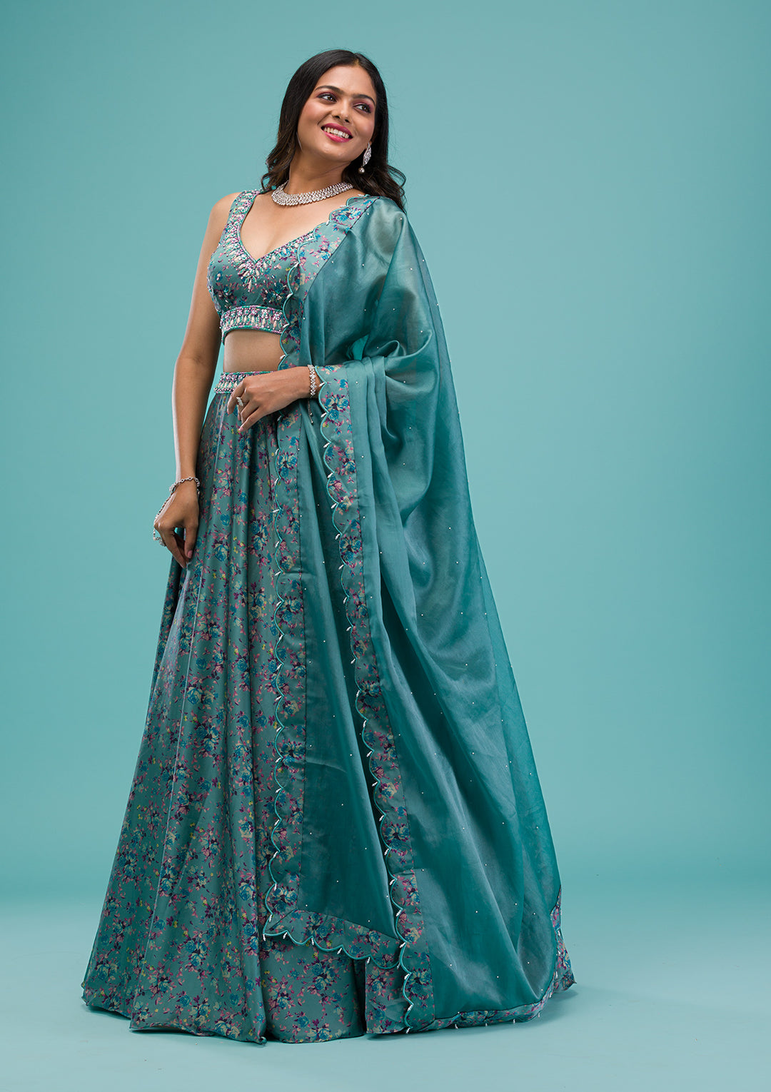 Sea Green Printed Georgette Readymade Lehenga