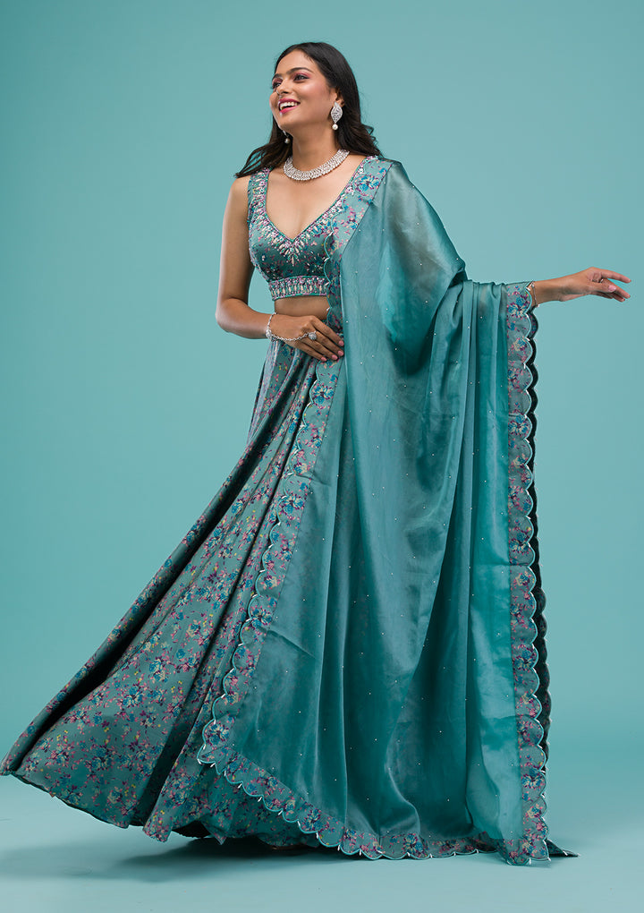 Sea Green Printed Georgette Readymade Lehenga