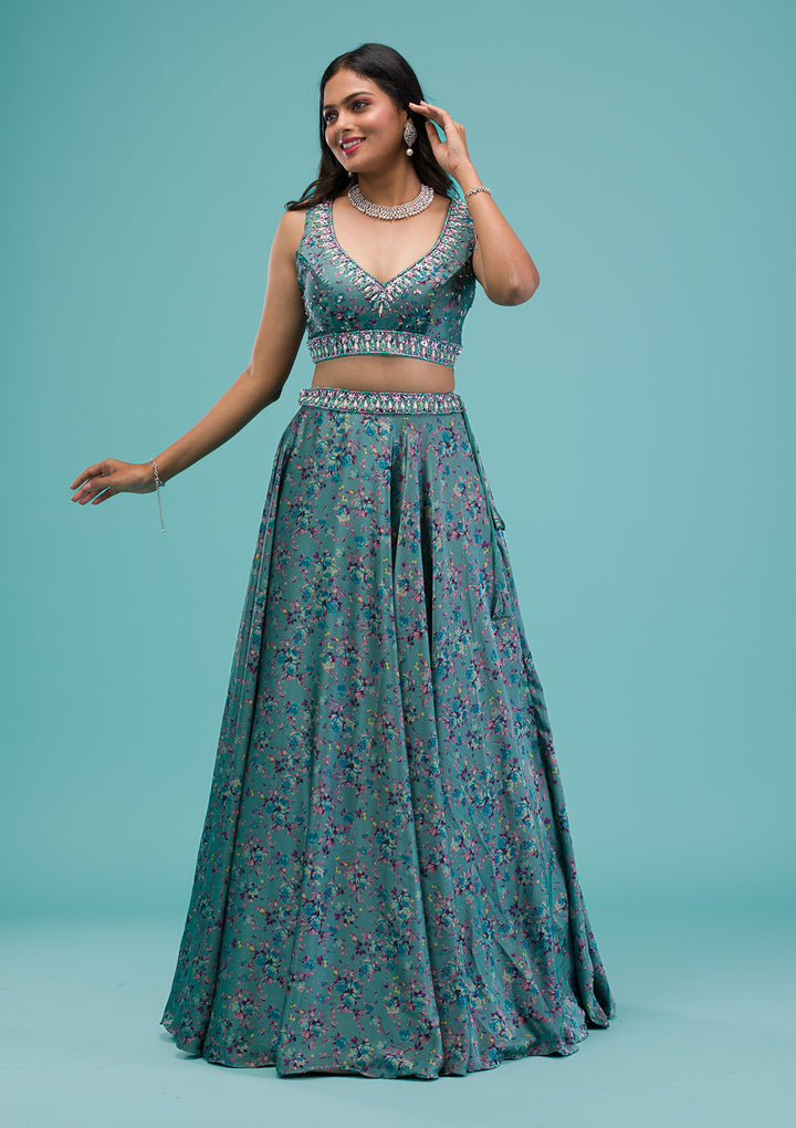 Sea Green Printed Georgette Readymade Lehenga