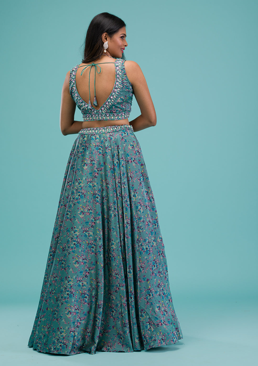 Sea Green Printed Georgette Readymade Lehenga