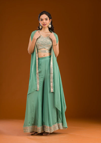 Sea Green Zariwork Semi Crepe Readymade Salwar Suit-Koskii