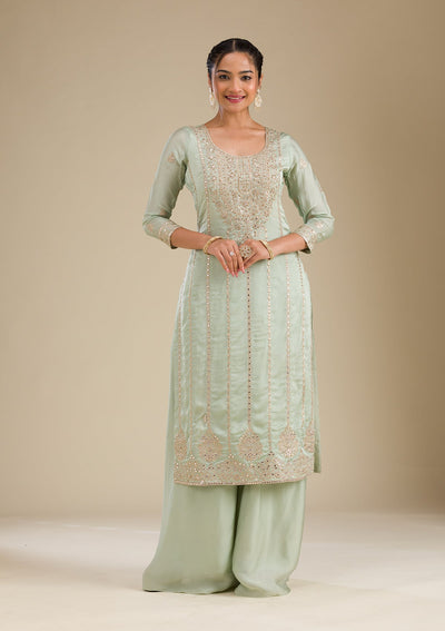 Sea Green Zariwork Semi Crepe Readymade Salwar Suit-Koskii