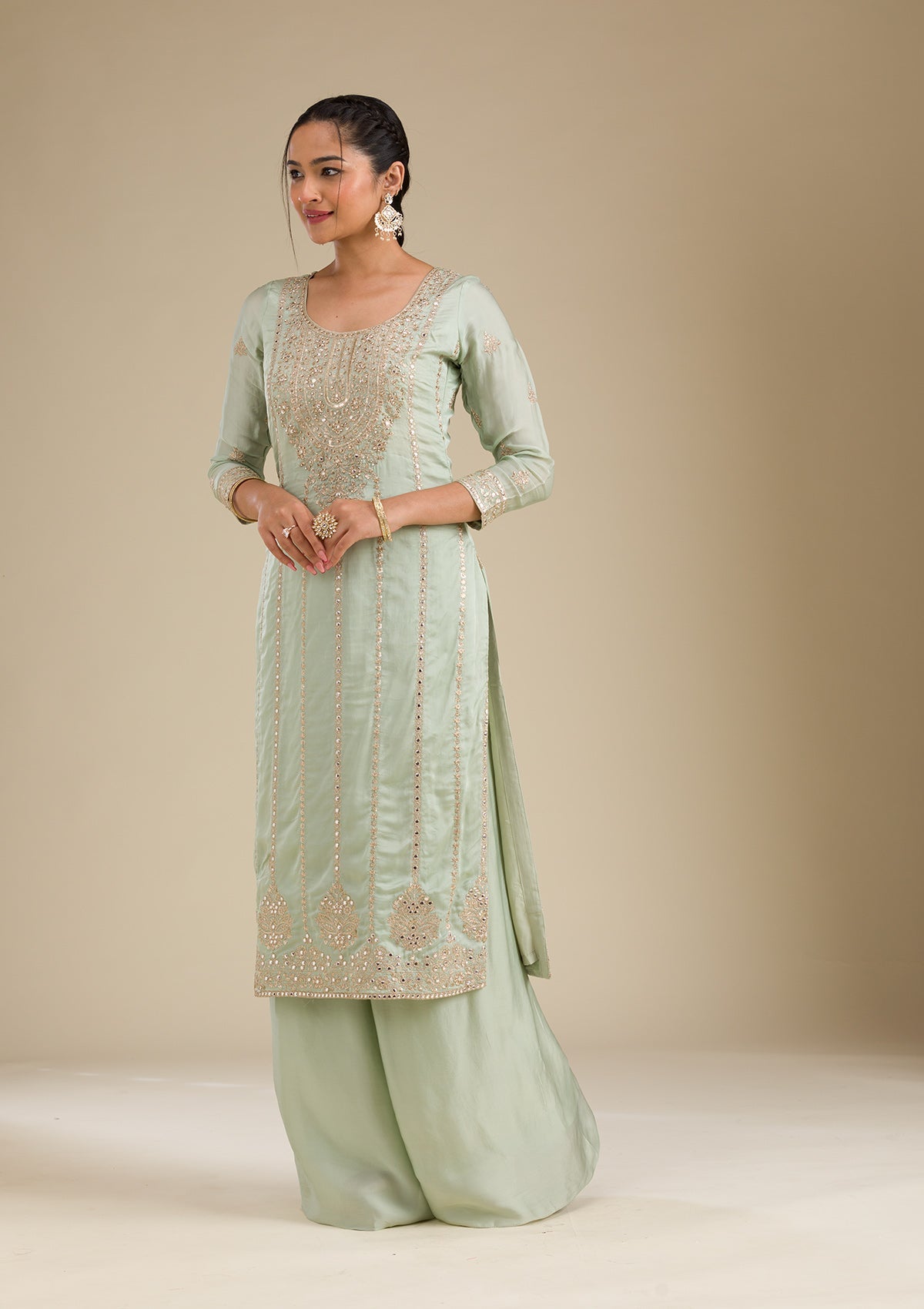 Sea Green Zariwork Semi Crepe Readymade Salwar Suit-Koskii