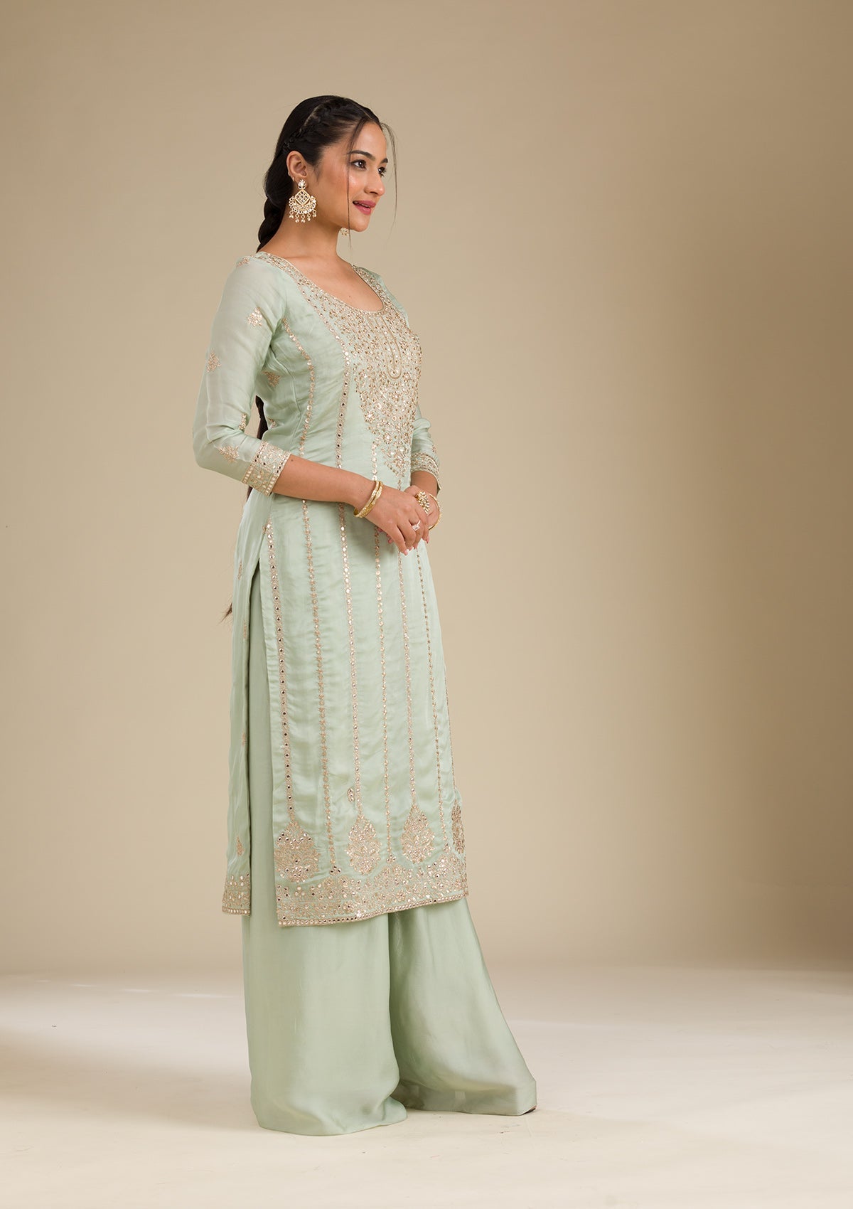 Sea Green Zariwork Semi Crepe Readymade Salwar Suit-Koskii