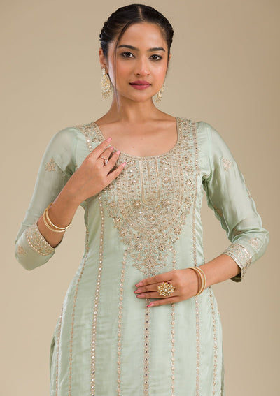 Sea Green Zariwork Semi Crepe Readymade Salwar Suit-Koskii