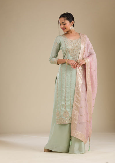 Sea Green Zariwork Semi Crepe Readymade Salwar Suit-Koskii