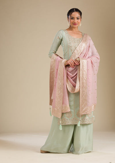 Sea Green Zariwork Semi Crepe Readymade Salwar Suit-Koskii