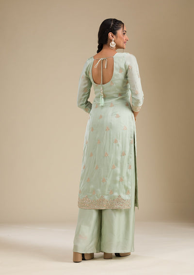 Sea Green Zariwork Semi Crepe Readymade Salwar Suit-Koskii