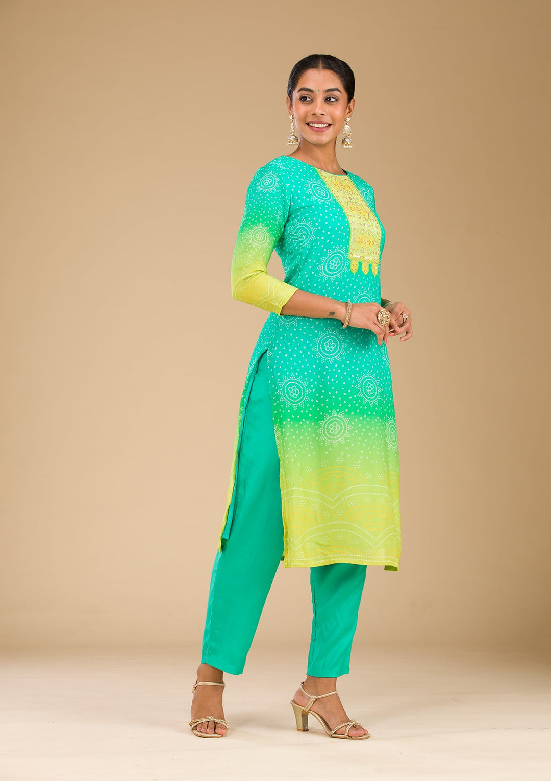 Sea Green Zariwork Semi Crepe Readymade Salwar Suit