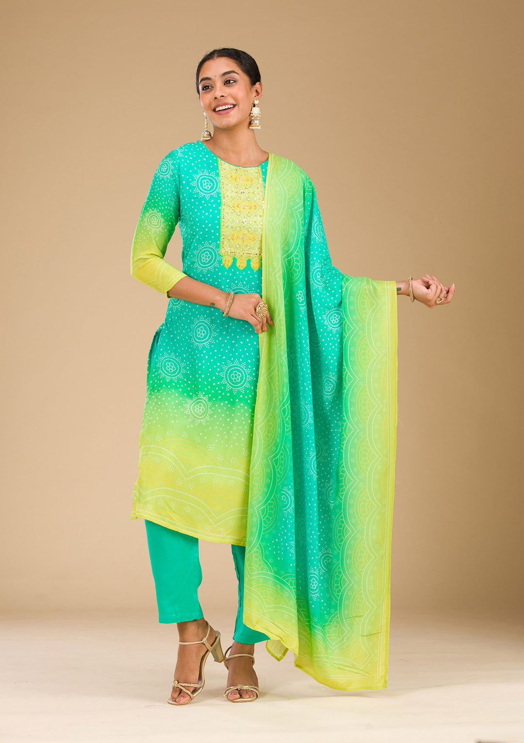 Sea Green Zariwork Semi Crepe Readymade Salwar Suit