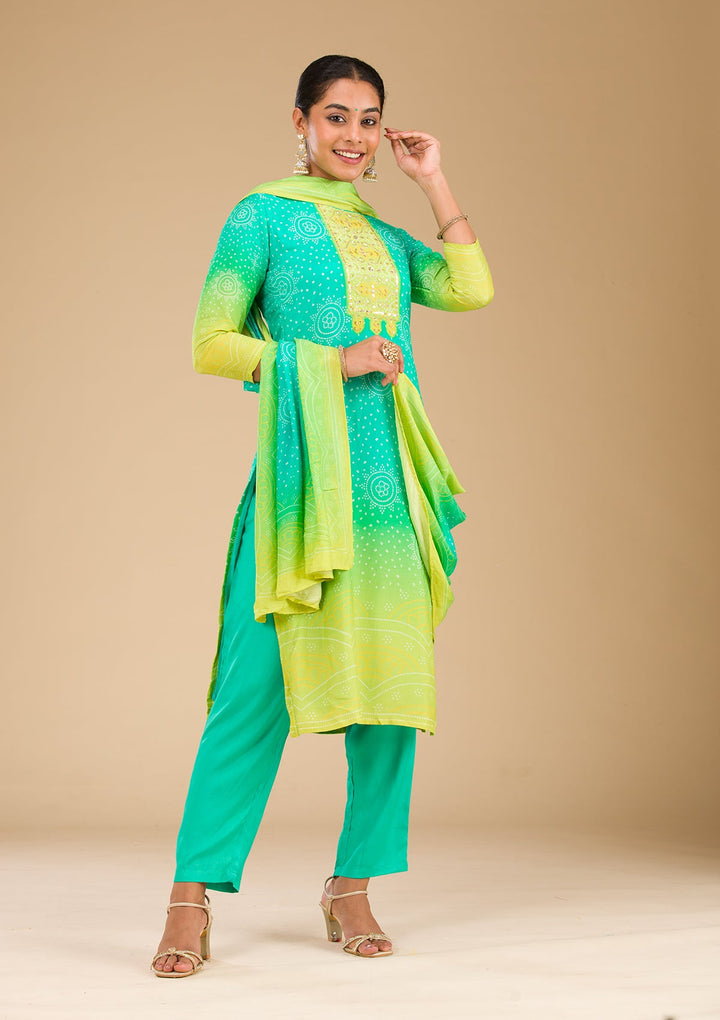 Sea Green Zariwork Semi Crepe Readymade Salwar Suit
