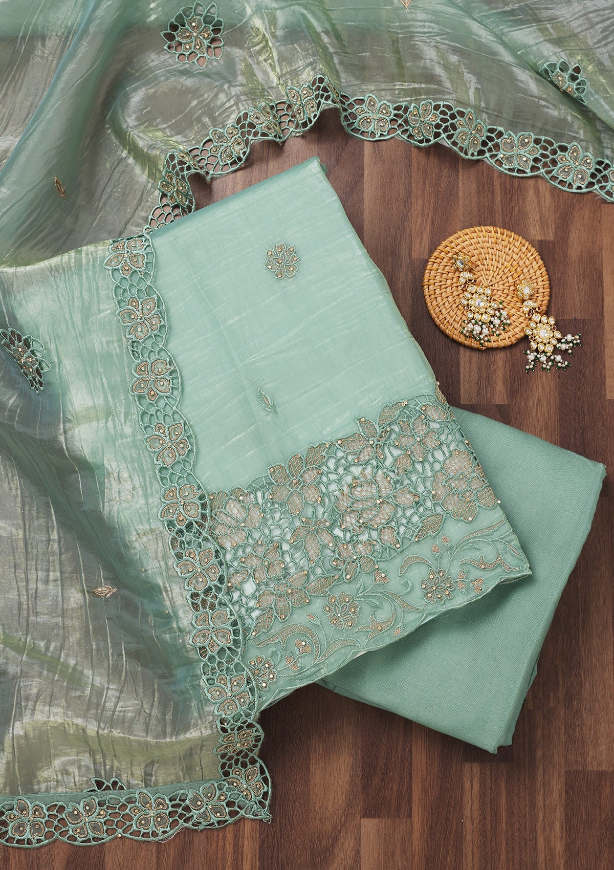 Sea Green Zariwork Semi Crepe Unstitched Salwar Suit-Koskii